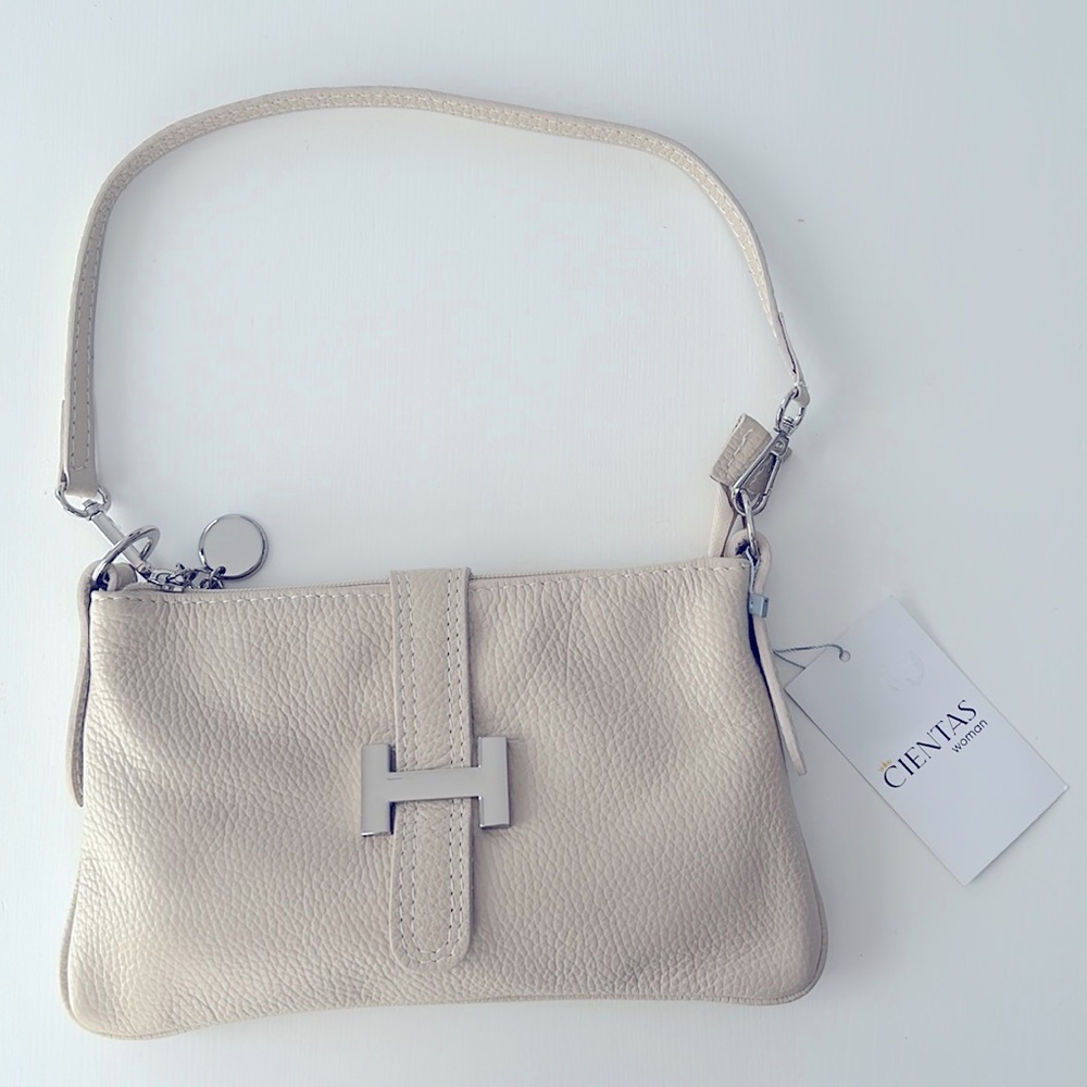 Small 6”x10” hand and crossbody bag, Made in Italy, genuine leather, light beige